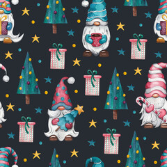 Gnomes. Christmas. Seamless pattern. Watercolor illustration in cartoon style. Cute textures for baby textiles, fabric design, scrapbooking, wallpaper, etc.