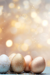 Fototapeta na wymiar Enchanting Easter background with eggs, bokeh lights and copy space for text. Soft, pastel colors. Tranquil and joyful scene. Perfect for holiday-themed designs, greeting cards.