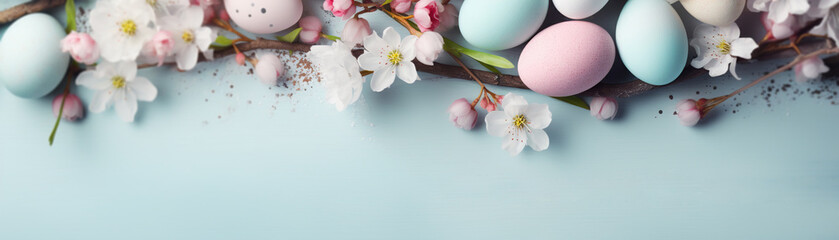 Enchanting Easter background with eggs, flowers and copy space for text. Soft, pastel colors. Tranquil and joyful scene. Perfect for holiday-themed designs. Panoramic banner.