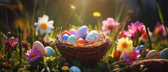 Fototapeta na wymiar cesta de mimbre llena de huevos de pascua pintados de colores sobre campo con margaritas y huevos de pascua, con fondo desenfocado