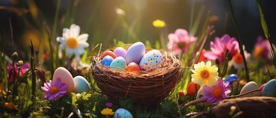 Fotobehang cesta de mimbre llena de huevos de pascua pintados de colores sobre campo con margaritas y huevos de pascua, con fondo desenfocado © Helena GARCIA