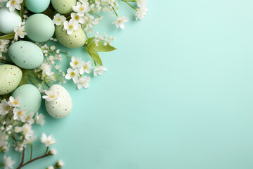 Obraz na płótnie Canvas Light green Easter background with eggs, flowers and copy space for text. Soft, pastel colors. Tranquil and joyful scene. Perfect for holiday-themed designs, greeting cards.
