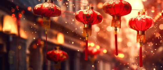 Traditional Chinese lanterns on a blurred background with golden bokeh and copy space for text, web...