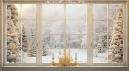 A horizontal window with a white frame, candles on the windowsill and a view of snow-covered fir trees with illumination, a winter park, a forest.