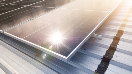 Photovoltaic solar panels mounted on building roof for producing clean ecological electricity at...
