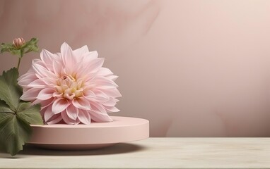 Peach color. Pastel pink dahlia flower leaves podium stone stage pedestal natural mock up. Product promotion beauty cosmetic pedestal. Twist plank template. Studio minimal showcase. AI Generative.