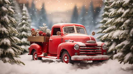 Christmas, decorated, red truck, car in a snowy, Christmas tree, New Year's forest in winter. - obrazy, fototapety, plakaty