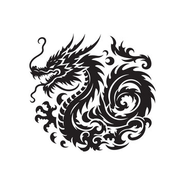 Dragon Silhouette - Intricate Serpentine Beast in Shadowy Elegance, Conveying the Enchantment of Fantasy Realms - Dragon black vector
