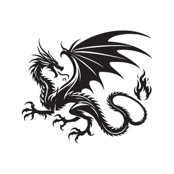 Dragon Silhouette - Enchanting Fantasy Dragon in Stylized Shadows, Ideal for Creative Art and Mythical Concepts - Dragon black vector
