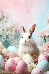 Adorable white bunny sits amidst pastel-colored Easter eggs and blossoming flowers with dreamy blue and pink backdrop, perfect for seasonal marketing, holiday cards, festive decoration.