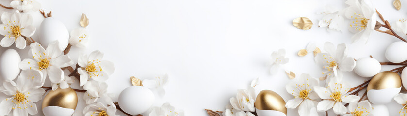 White Easter background with white and golden eggs, flowers and copy space for text. Tranquil and joyful scene. Perfect for holiday-themed designs. Panoramic banner.