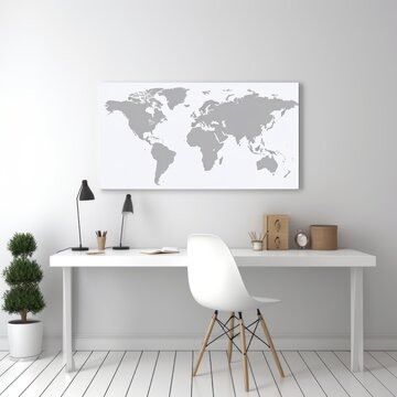 The work desk is white, clean, and has a world map. and a small tree next to the table