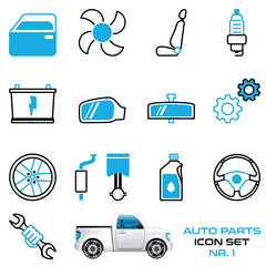 Autoteile, Autowerkstatt, Autoreparatur - Icon, Symbole Set