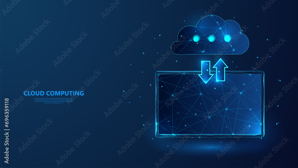 Poster Cloud computing technology concept. Cloud storage tablet data. Low poly wireframe style technology background.