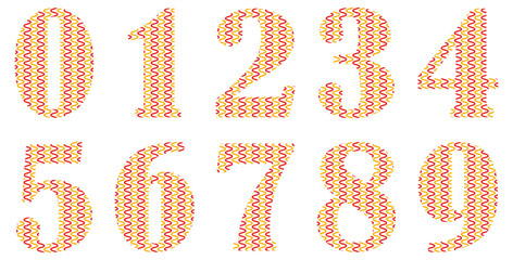 Set of red and yellow numbers isolated on white. Alphabet with numbers. Vector graphic elements for design. Lines, wavy lines	