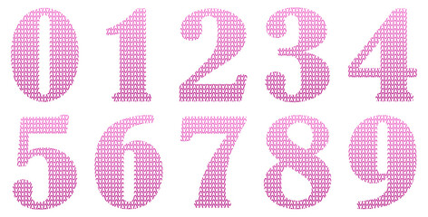 Set of pink numbers isolated on white. Alphabet with numbers. Vector graphic elements for design. Lines, wavy lines	