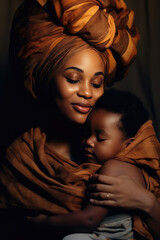 Loving African American mother and child bonding, warm indoor light, intimate moment.