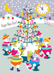 New Year card with funny snowmen