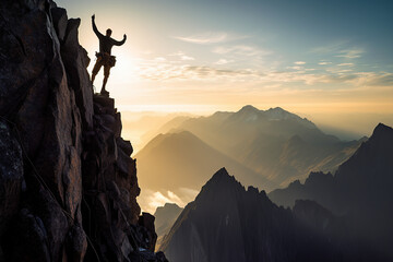 A climber stands triumphantly on a rugged peak with arms raised against a backdrop of layered mountains and a golden sunrise