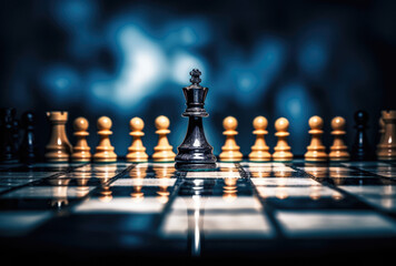 Strategic leadership in business, king chess piece standing tall on board.