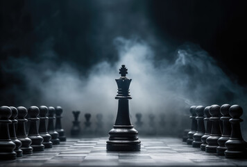 Strategic leadership in business, king chess piece standing tall on board.