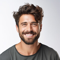 Fototapeta premium Studio portrait of a man smiling with a modern haircut. Advertisement for dental, business, studio, etc. 