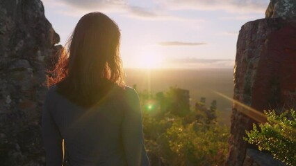Gentle summer wind blowing through woman's long wavy hair. Rear view of beautiful young woman, illuminated with amazing golden light, is walking towards the setting summer
