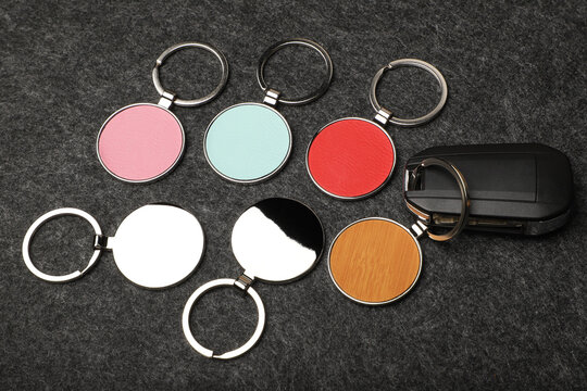 Metal and leather keychains. Colorful one side leather; Square, rectangle and circle shaped key rings. Concept shots, photos taken specially for e-commerce sales.