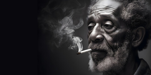 Portrait of an old African man smoking a cigarette in a dark background, Black people, Black History Month - obrazy, fototapety, plakaty
