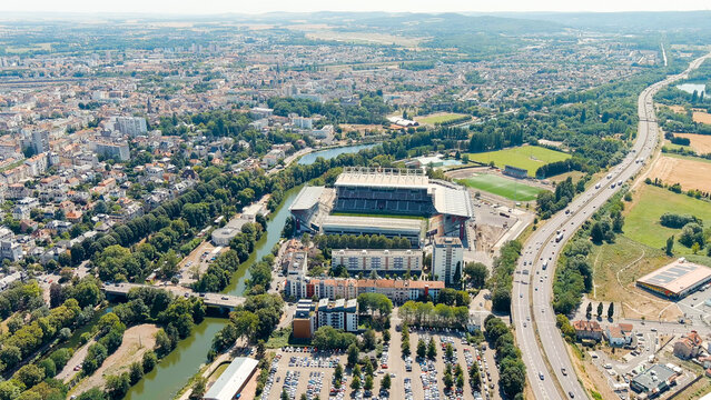 Metz, France - July 18, 2023: FC Metz Stadium. Metz Football Club. View of the historical city center. Summer, Sunny day, Aerial View