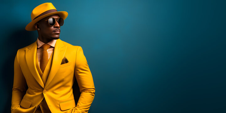 Fashion shot of a handsome African American man model in yellow outfit, hat and sunglasses on isolated blue background, Black people