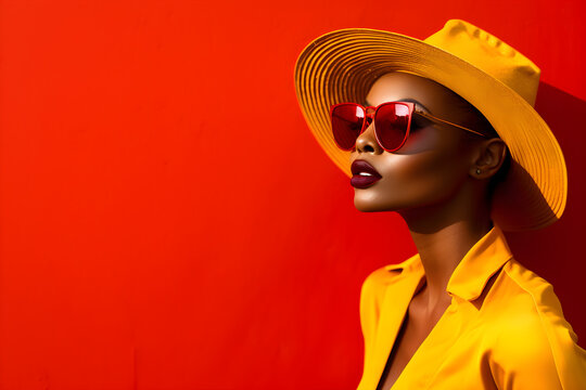 Fashion shot of a beautiful African American woman model in yellow outfit, hat and sunglasses on isolated red background, Black people