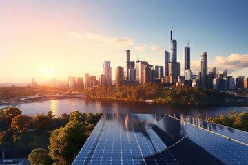 Obraz premium Solar panels with a city skyline in background, showcasing the integration of renewable energy sources within urban environments, sustainable and eco-friendly future