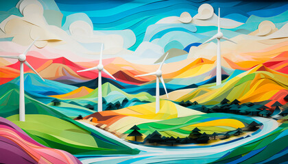 Vibrant Paper Craft Illustration: Wind Turbines in a Countryside