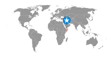 Pin map with Somalia flag on world map. Vector illustration.