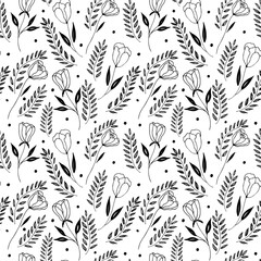 Fototapeta premium Flower roses pattern in abstract style. Vector ornament seamless pattern. Spring botanical print. Graphic hand drawn brush stroke botanical pattern. 