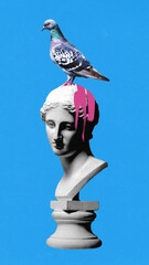 Contemporary art collage. One pigeon sitting on antique statue in black and white halftone with pink blot on face against blue background. Concept of comparisons of eras, social pressure, defamation.