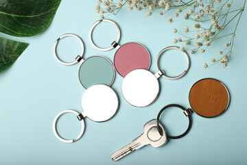 Metal and leather keychains. Colorful one side leather; Square, rectangle and circle shaped key...