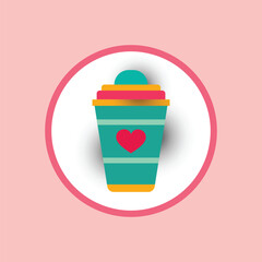 Delicious coffee paper cup icon with red heart. Drink vector illustration design