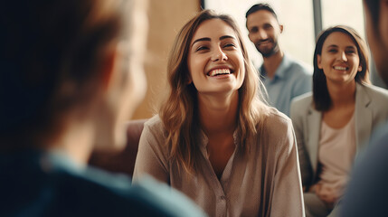 Professional therapist conducting a candid group session, showing genuine compassion and a comforting smile, emphasizing the importance of mental health and counseling
