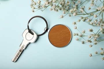 Metal and leather keychains. Colorful one side leather; Square, rectangle and circle shaped key rings. Concept shots, photos taken specially for e-commerce sales.