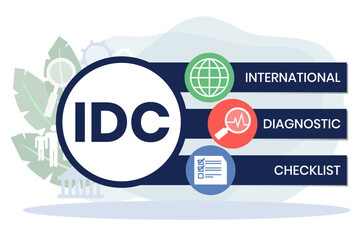 IDC - International Diagnostic Checklist acronym. vector illustration concept with keywords and icons. lettering illustration with icons for web banner, flyer, landing page
