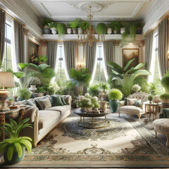A beautiful living room, lavishly decorated with a variety of green plants in pots of different styles and sizes