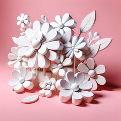 A 3D cartoon image featuring white flowers on a pink background. The flowers are stylized and animated, with exaggerated shapes and sizes