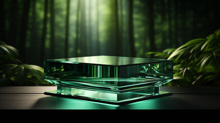 Glass podium cube minimal scene with glass geometry