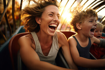 Mother and two children riding a rollercoaster at an amusement park or state fair, experiencing excitement, joy, laughter, and summer fun