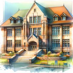 A watercolor painting of a school building. The building is depicted in a classic architectural style, with features like a prominent entrance