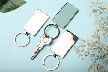 Metal and leather keychains. Colorful one side leather; Square, rectangle and circle shaped key rings. Concept shots, photos taken specially for e-commerce sales.