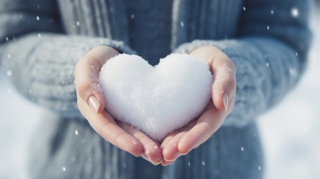 Generative AI image of close up hands holding snow in the shape of heart