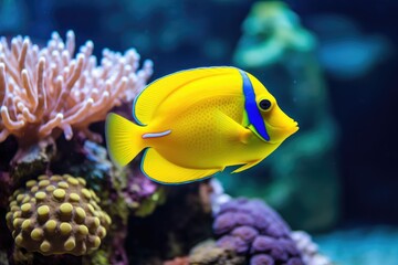 Naklejka na ściany i meble Yellow tang fish on coral reef